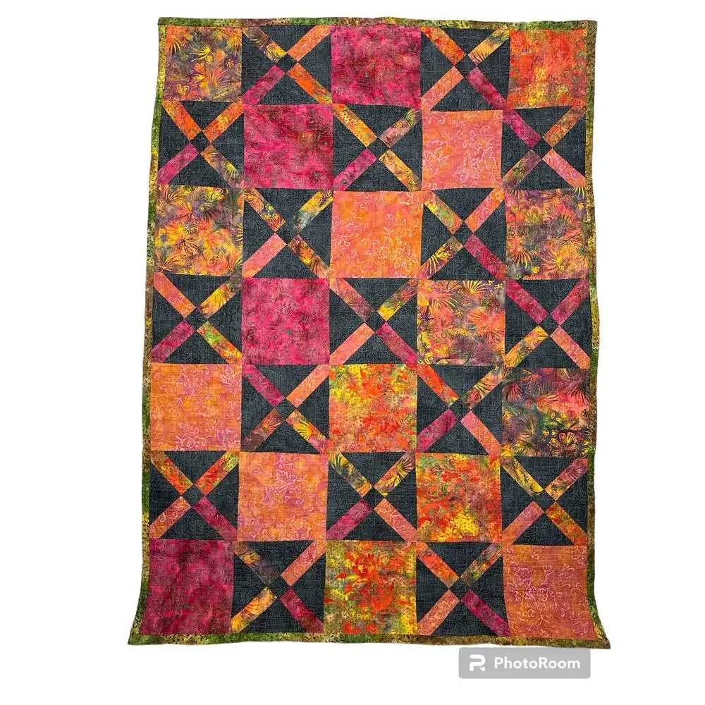 Handmade Fall Quilt Throw – Reversible Orange Pink Black Lap Blanket 58x41